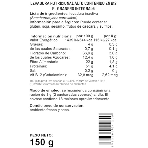 El Granero Integral - Levadura Nutricional - 150 g - Alto Contenido en Vitamina B12 - Contribuye al Metabolismo Energético Normal - Excelente Fuente de Proteínas - Apto para Consumo Vegano