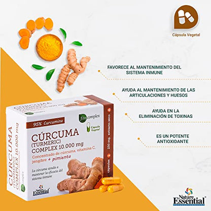 Nature Essential | Cúrcuma Complex 10.000 mg | Cápsulas Vegetales | Jengibre, Pimienta Negra y Vitamina C | Antiinflamatorio | Ayuda a Reforzar el Sistema Inmune | 95% Curcumina