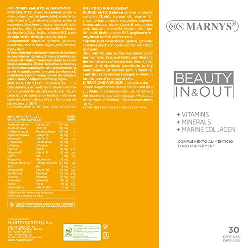 Marnys Omegas 3, 6 y 9 para Piel, Cabello y Uñas, Colágeno, Beauty In & Out, 30 Capsulas 60 g