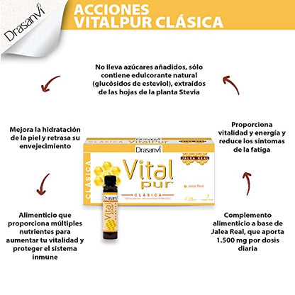 DRASANVI VITALPUR CLASSIC – Gelée Royale – Reich an Vitaminen, Mineralien, Fettsäuren und Aminosäuren – GLUTENFREI – 20 Fläschchen x 15 ml