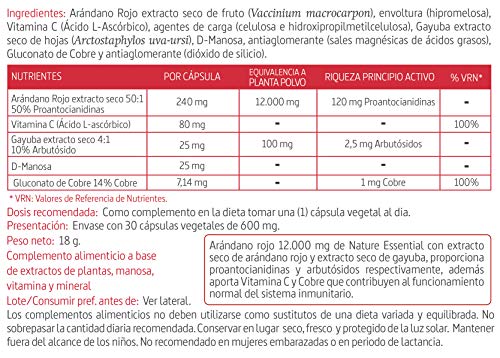 Nature Essential | Arándano Rojo 12.000 mg | Cápsulas Vegetales | Extracto Seco | Ayuda a Reforzar el Sistema Inmune y la Salud del Tracto Urinario | Rico en Vitamina C y D-Manosa