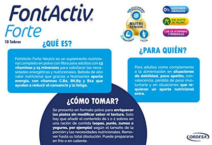 FontActiv Forte Sabor Neutro- Suplemento Nutricional con Fibra para Adultos 0% Azúcares añadidos- 10 Sobres x 30 gr