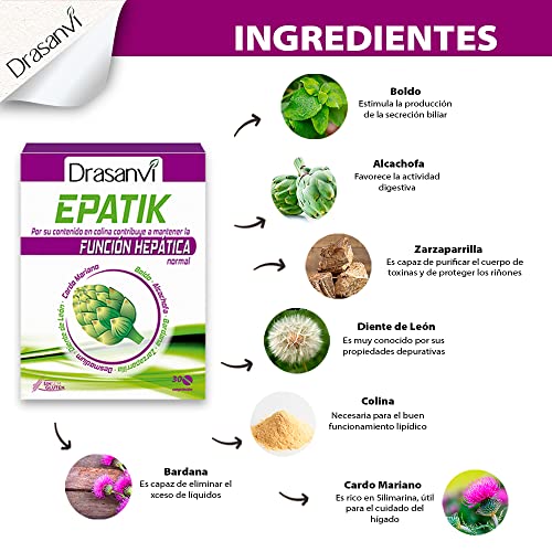 DRASANVI Epatik con Colina, Desmodium, Cardo Mariano y Otros Extractos| Para la Función Hepática | Desintoxicación y Depuración del Organismo | Enriquecido con Vitamina B6 |30 Comprimidos = 15 Días
