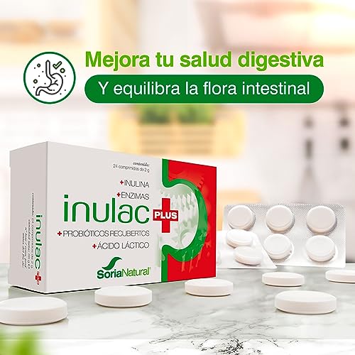 Soria Natural Inulac Plus - Probióticos y Prebióticos intestinales, Enzimas digestivas - Alivia la pesadez, Favorece la digestión - Ayuda en Estreñimiento, Diarrea, Flatulencias -24 comprimidos