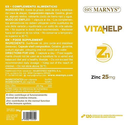 Marnys Vitahelp Zinc 25 Mg - 120 Cápsulas Para 4 Meses - Antioxidante Y Contribuye Al Sistema Inmunitario Normal - Made In Spain 67 g