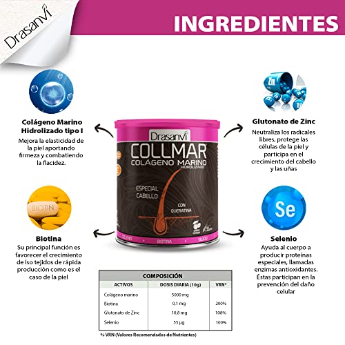 COLLMAR Cabello Colágeno Marino Hidrolizado + Biotina, Queratina, Selenio, Zinc y Extracto de Bambú |Cabellos Débiles y Finos| | Alta Dosis 5.000 mg/día | 350g de Polvo = 35 Días | Sabor Cereza