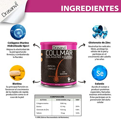 COLLMAR Cabello Colágeno Marino Hidrolizado + Biotina, Queratina, Selenio, Zinc y Extracto de Bambú |Cabellos Débiles y Finos| | Alta Dosis 5.000 mg/día | 350g de Polvo = 35 Días | Sabor Cereza