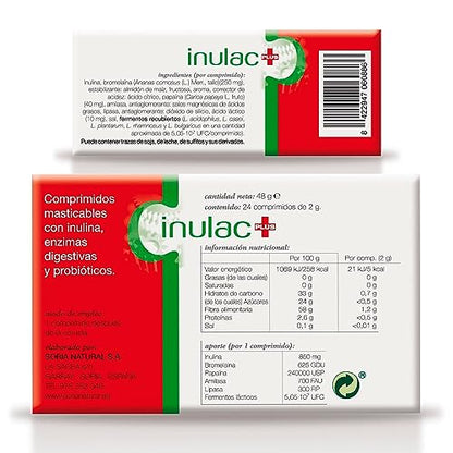 Soria Natural Inulac Plus - Probióticos y Prebióticos intestinales, Enzimas digestivas - Alivia la pesadez, Favorece la digestión - Ayuda en Estreñimiento, Diarrea, Flatulencias -24 comprimidos