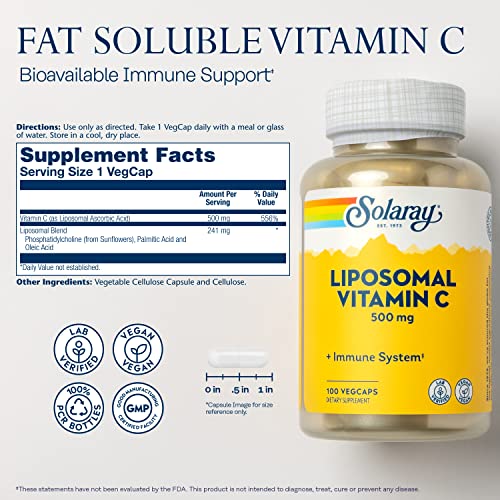 SOLARAY Liposomal Vitamin C 500mg, Fat Soluable Vitamin C, Vegcaps, Sin Sabor, 100 Unidad,