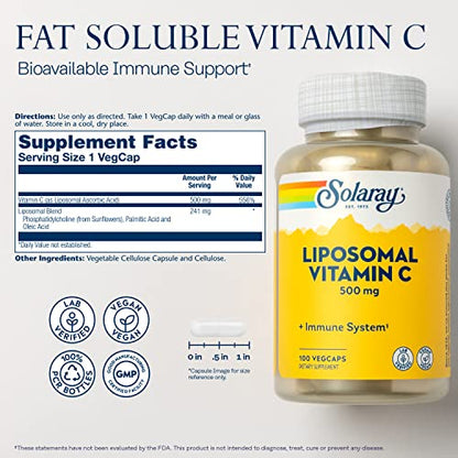 SOLARAY Liposomal Vitamin C 500mg, Fat Soluable Vitamin C, Vegcaps, Sin Sabor, 100 Unidad,