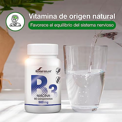 Soria Natural Niacina Vitamina B3 Liberación Sostenida - Energía y Metabolismo Saludable - Salud Cardiovascular y Cerebral - Liberación Sostenida MÁXIMA ABSORCIÓN - 60 comprimidos