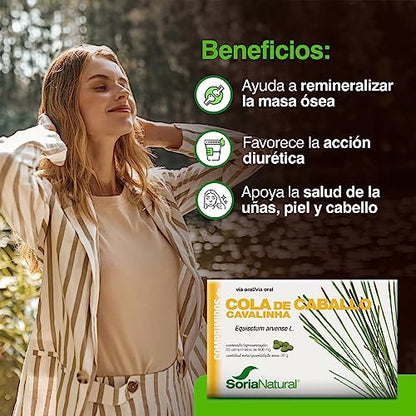 Soria Natural Cola de Caballo pastillas - Potente Diurético Natural - Drena Retención de Líquidos, Fortalece y Nutre tu Cabello y Uñas - Caja 60 comprimidos