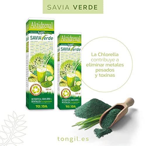 Tongil - Aktidrenal Savia Verde Super Greens 250ml - Spirulina Algae, Chlorella, plant extracts, fruits and vegetables - Draining and Purifying Detox with More than 35 nutrients - Suitable for Vegans