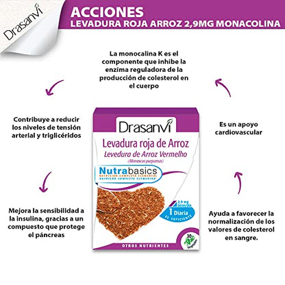 DRASANVI Levadura Roja de Arroz (Monascus purpureus) |2,9 mg de Monocolina K| Contribuye a Mantener los Niveles Normales de Colesterol |Cápsulas Vegetales |30 Cápsulas = 30 Días