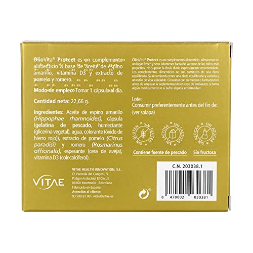 Vitae OlioVita Protect fotoprotector oral con aceite de espino amarillo, extracto de pomelo y romero, y vitamina D - 30 cápsulas