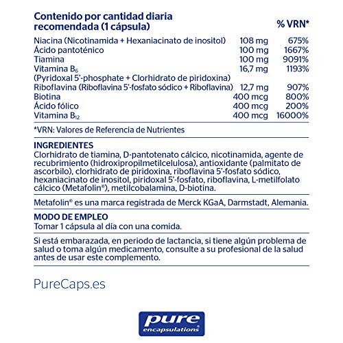 PURE ENCAPSULATIONS | Complejo-B Plus | Fórmula Completa de Vitaminas B | Apoya el Cansancio y Fatiga | Ayuda al Metabolismo y Función Psicológica| 60 Cápsulas Vegetales