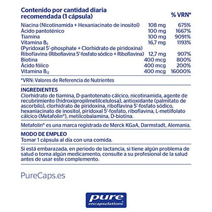 PURE ENCAPSULATIONS | Complejo-B Plus | Fórmula Completa de Vitaminas B | Apoya el Cansancio y Fatiga | Ayuda al Metabolismo y Función Psicológica| 60 Cápsulas Vegetales