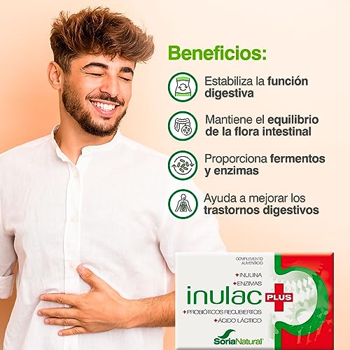 Soria Natural Inulac Plus - Probióticos y Prebióticos intestinales, Enzimas digestivas - Alivia la pesadez, Favorece la digestión - Ayuda en Estreñimiento, Diarrea, Flatulencias -24 comprimidos