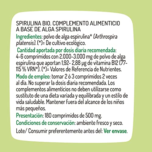 El Granero Integral - Spirulina Bio - Apto para Veganos - 180 Comprimidos - Complemento alimenticio Elaborado a Base de Alga - Ayuda a Prevenir la Oxidación Celular y a Mejorar la Resistencia
