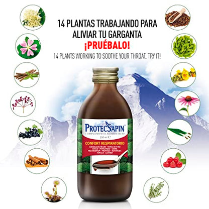 NATYSAL | PROTECSAPIN JARABE 250ML | Jarabe de propóleo | Extractos de plantas y minerales | GROSELLERO NEGRO | PINO | SAÚCO | MANGANESO | COBRE | MALVA | PROPÓLEO | EQUINÁCEA | TOMILLO | LLANTÉN