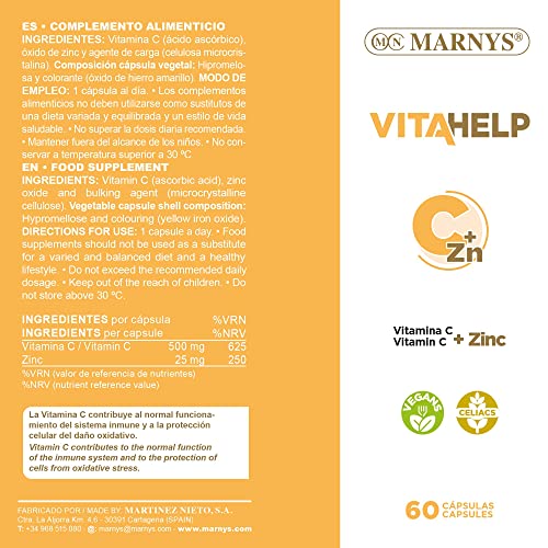 Vitahelp Vitamina C + Zinc, Cápsulas Vegetales Aptas para Veganos, Reducen la Fatiga y Mantienen Un Sistema Inmunológico Saludable, 60 cápsulas