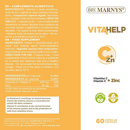 Vitahelp Vitamina C + Zinc, Cápsulas Vegetales Aptas para Veganos, Reducen la Fatiga y Mantienen Un Sistema Inmunológico Saludable, 60 cápsulas