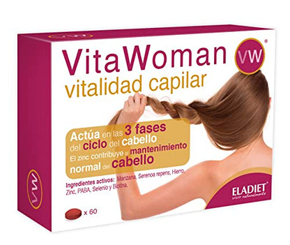 Vitawoman - Ayuda a Fortalecer la Salud Capilar - Pelo Sedoso y Brillante - Elaborado a Base de Vitaminas, Plantas y Minerales - 60 Comprimidos - Eladiet, 60 unidad, 1