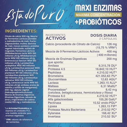 Maxi Enzimas + Probióticos Estado Puro | 18 Enzimas Digestivas Potentes | Con Probióticos y Prebióticos Intestinales | Mejora la digestión y la Absorción de Nutrientes | 40 Cápsulas de Tongil