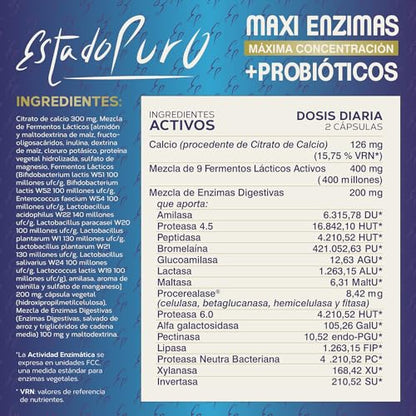 Maxi Enzimas + Probióticos Estado Puro | 18 Enzimas Digestivas Potentes | Con Probióticos y Prebióticos Intestinales | Mejora la digestión y la Absorción de Nutrientes | 40 Cápsulas de Tongil