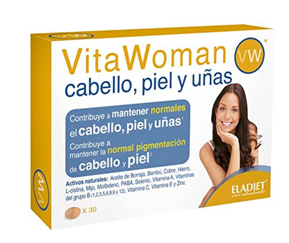 Complemento Alimenticio - VitaWoman - 30 Comprimidos - Contribuye a Mantener el Cabello, Piel y Uñas - Contiene Extractos de Bambú, Mijo, Vitaminas y Minerales - Eladiet