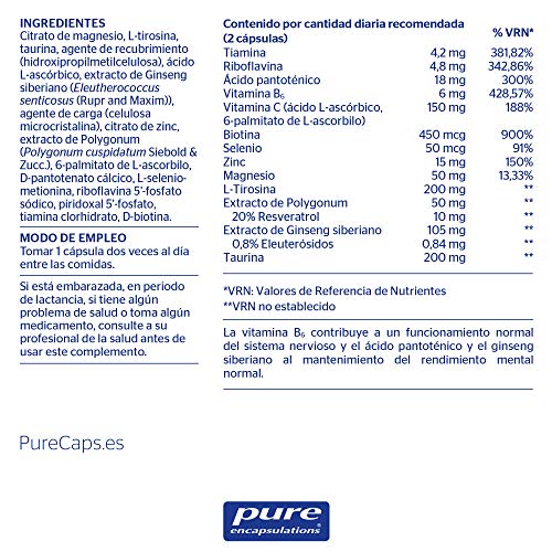 PURE ENCAPSULATIONS Anti-Stress | Vitaminas del complejo B y ginseng siberiano | Ayuda a Disminuir el Cansancio y la Fatiga y al Rendimiento Mental Normal | 60 Cápsulas Vegetales