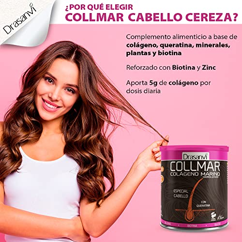 COLLMAR Cabello Colágeno Marino Hidrolizado + Biotina, Queratina, Selenio, Zinc y Extracto de Bambú |Cabellos Débiles y Finos| | Alta Dosis 5.000 mg/día | 350g de Polvo = 35 Días | Sabor Cereza