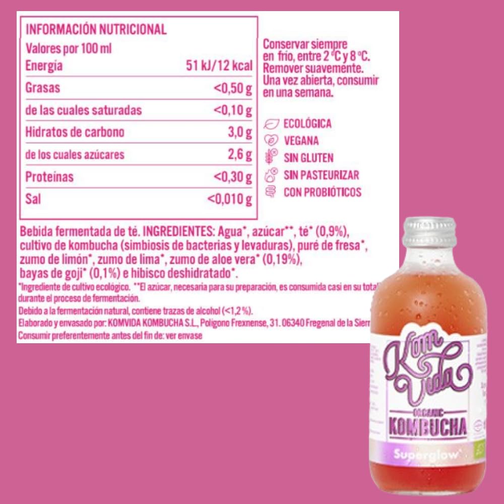 Té kombucha. Komvida. Kit sabor Superglow. 12 botellas de 250 ml. Envío en frío.