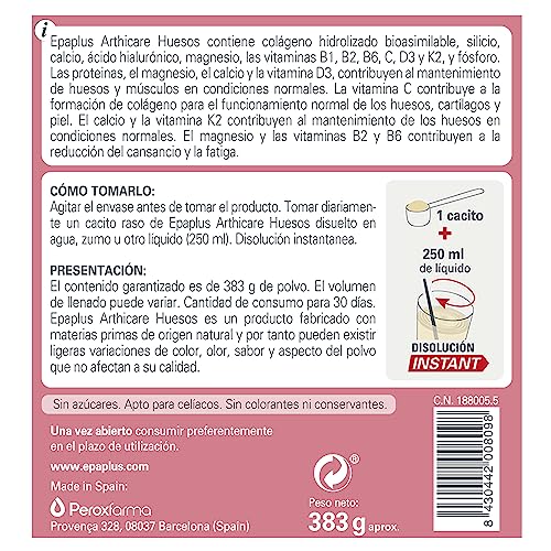 EPAPLUS Arthicare, Colágeno + Calcio + Silicio, Colágeno Hidrolizado con Calcio y Silicio, Disolución Instant Sabor Vainilla, Tratamiento 30 Días, 383g