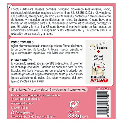 EPAPLUS Arthicare, Colágeno + Calcio + Silicio, Colágeno Hidrolizado con Calcio y Silicio, Disolución Instant Sabor Vainilla, Tratamiento 30 Días, 383g