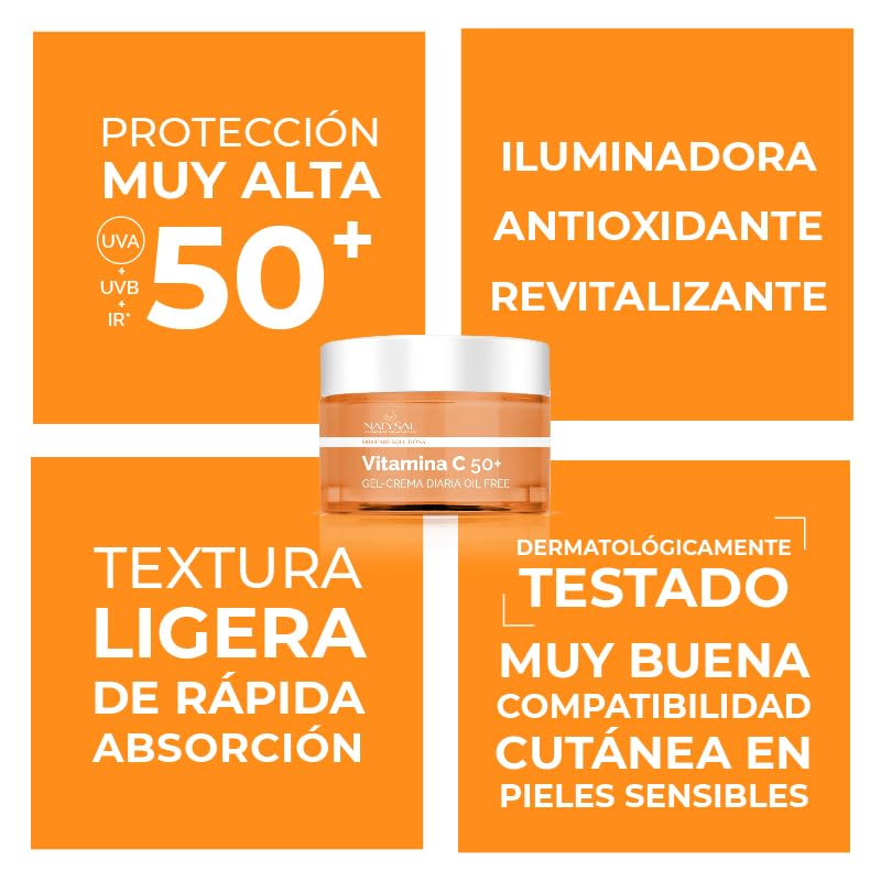 CREMA DE VITAMINA C 50 ml | Gel Crema diaria con Protección Solar | Antioxidante, Revitalizante e Iluminadora | Textura Ligera y Sin Aceites | Hecho en España | Natysal