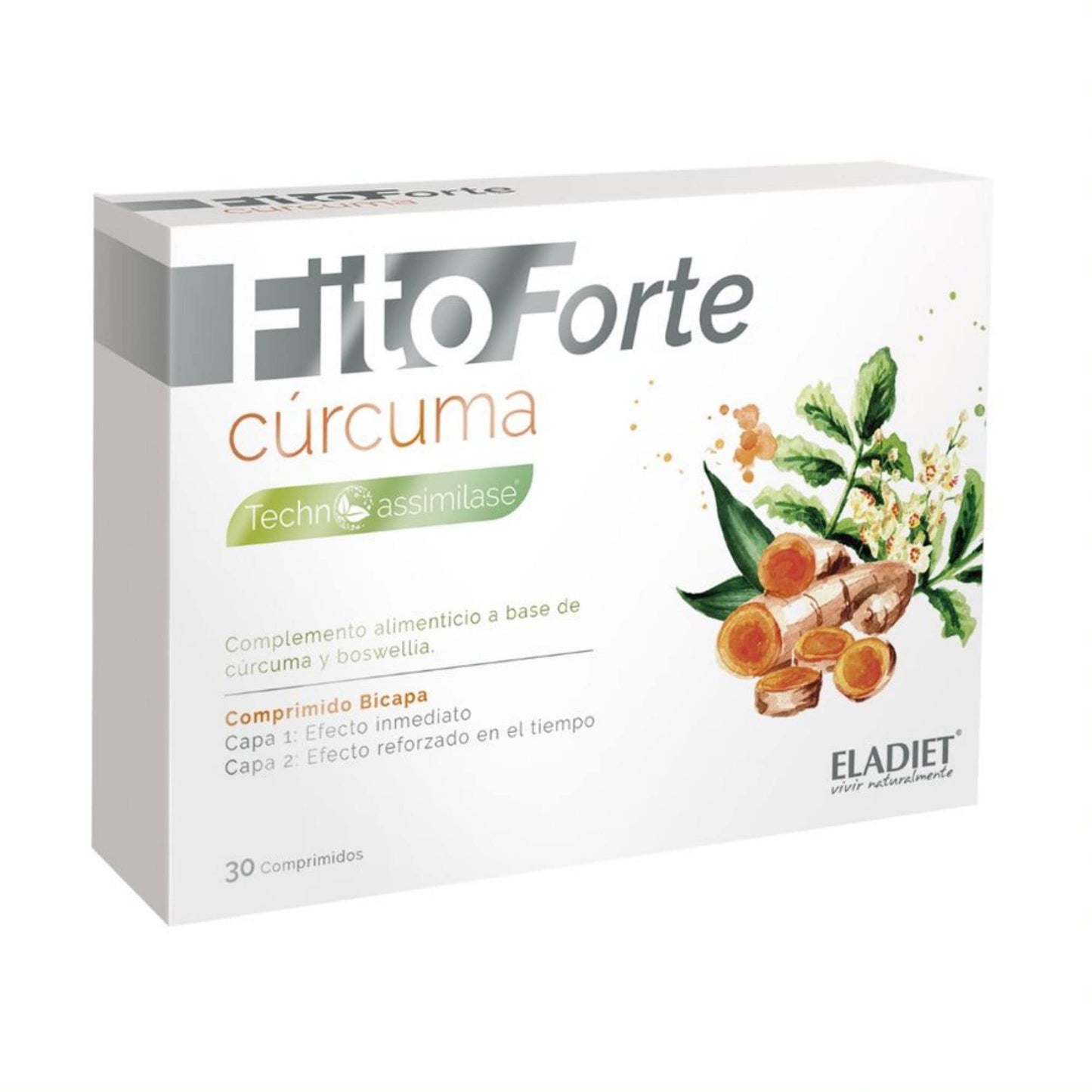 Complemento Alimenticio FitoForte Cúrcuma - 30 Comprimidos - Elaborado a Base de Cúrcuma y Boswellia - Contribuye a Aliviar las Molestias en las Articulaciones - Ayuda a Proteger el Hígado - Eladiet