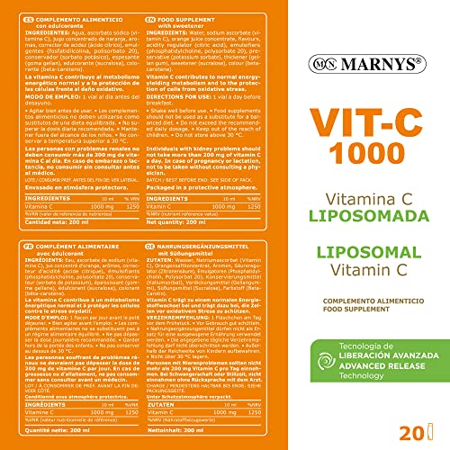 VIT-C 1000 MARNYS, Vitamina C liposomada 1000 mg Bebible, Mejora el Sistema Inmune, Para Tus Defensas, Apto para veganos, 20 viales bebibles de Sabor naranja