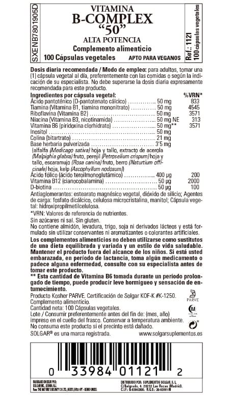 Solgar | Vitamina B - Complex 50 Alta Potencia |Contribuye al Metabolismo Energético | Estimula el Rendimiento Intelectual | 100 Cápsulas Vegetales