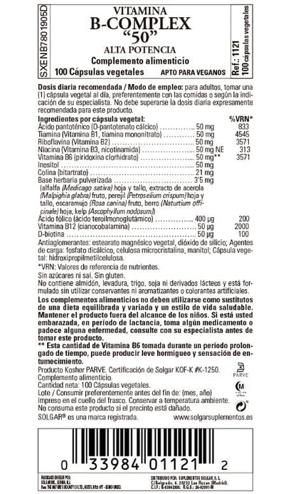 Solgar | Vitamina B - Complex 50 Alta Potencia |Contribuye al Metabolismo Energético | Estimula el Rendimiento Intelectual | 100 Cápsulas Vegetales