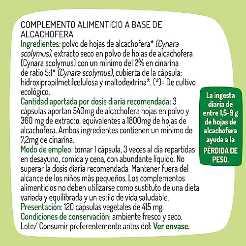 El Granero Integral - 415 Mg - Alcachofera Bio - 120 Cápsulas - Elaborado a Base de Polvo y Extracto de Hojas de Alcachofera Ecológica - Ayuda a la Correcta Digestión y a Controlar el Peso