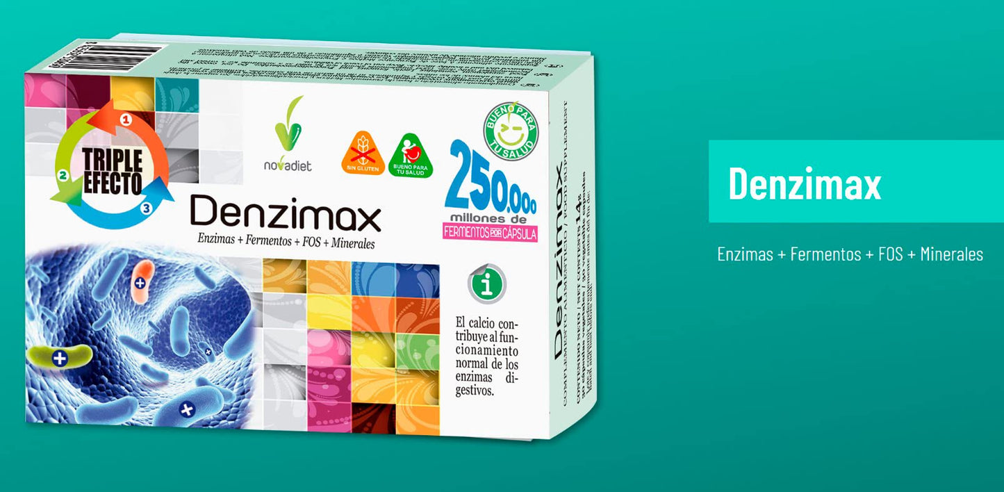 Novadiet - DENZIMAX Cápsulas con Enzimas, Calcio, Selenio, Fermentos, FOS y Minerales, Favorece y Ayuda las Digestiones Lentas y Pesadas y al Bienestar Digestivo - 30 Cápsulas