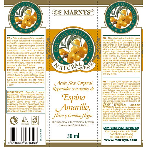 MARNYS Aceite Seco Reparador con Espino Amarillo, Neem y Comino Negro 100% Vegetal Spray 50ml