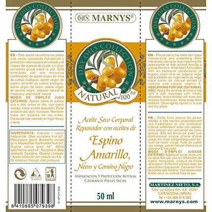 MARNYS Aceite Seco Reparador con Espino Amarillo, Neem y Comino Negro 100% Vegetal Spray 50ml