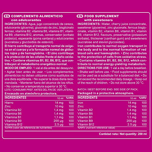 Ferrobine Max Marnys - Hierro, Zinc Y Vitaminas - Para 1 Mes - 20 Viales Monodosis Con Sabor Cereza - Made In Spain