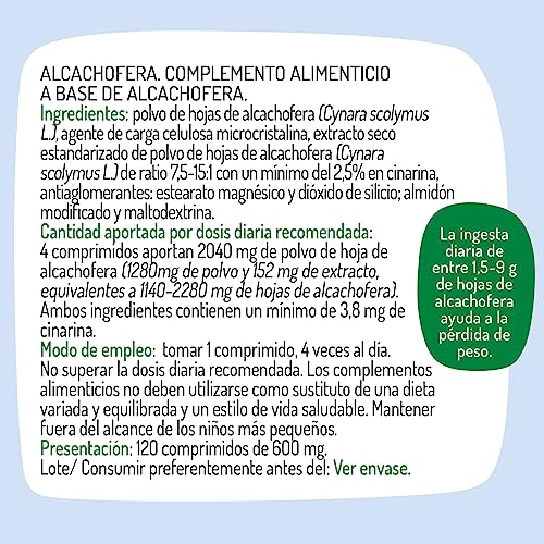 El Granero Integral - Alcachofera - 600 Mg - 120 Comprimidos - Elaborado a Base de Polvo y Extracto Estandarizado de Hojas de Alcachofera - Ayuda a la Digestión y a Controlar el Peso