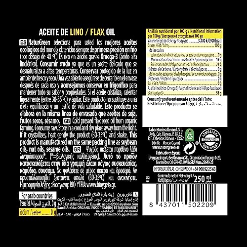 NaturGreen - Aceite Lino Bio, 100% Aceite de Semillas de Lino Ecológico, Rico en Omega-3, Primera Presión