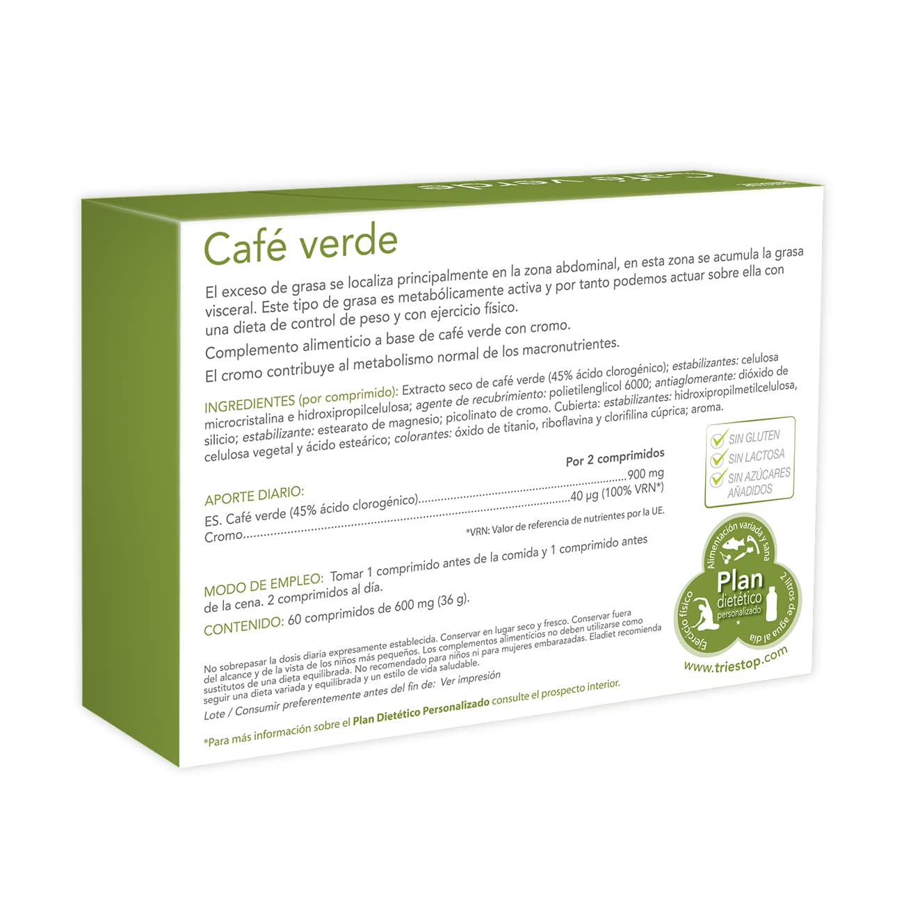 Triestop con Café Verde - Ayuda a Acelerar el Metabolismo - Contribuye a Regular los Niveles Normales de Glucosa en sangre - 60 Comprimidos - Eladiet