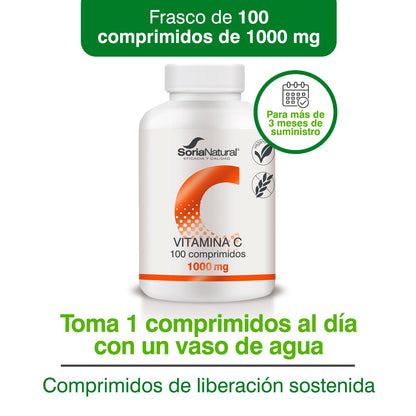 Soria Natural Vitamina C - MÁXIMA ABSORCIÓN - Antioxidante natural, Ayuda al Sistema Inmunitario y a la Salud de la Piel - Liberación Sostenida para mejor asimilación - 100 comprimidos