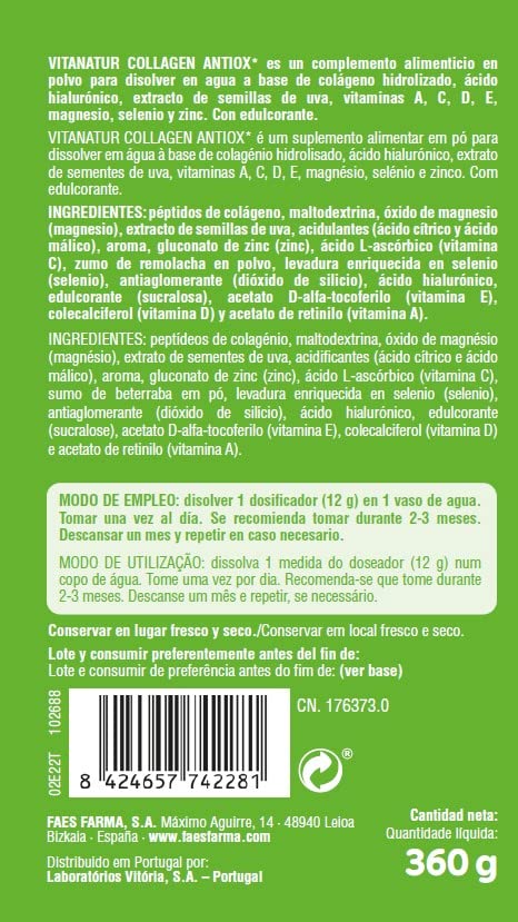 Vitanatur - Collagen Antiox (1), Complemento Alimenticio con Colágeno, Vitaminas A, C, D y E, Magnesio, Zinc y Selenio, con Acción Antioxidante (1), Nutrición de Cartílagos Huesos y Piel (1) - 360 g